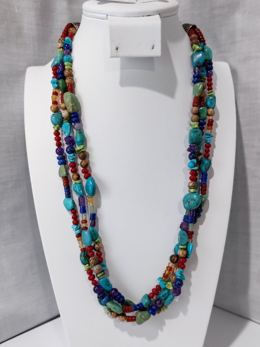 Southwestern 3 Strand Gemstone Necklace 925 Silver